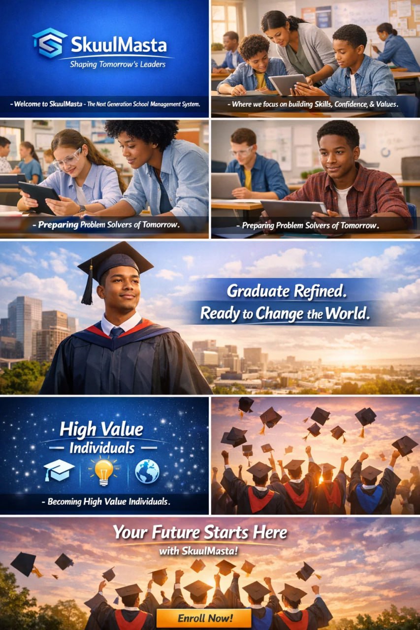SkuulMasta campaign collage about shaping tomorrow's leaders and preparing problem solvers.